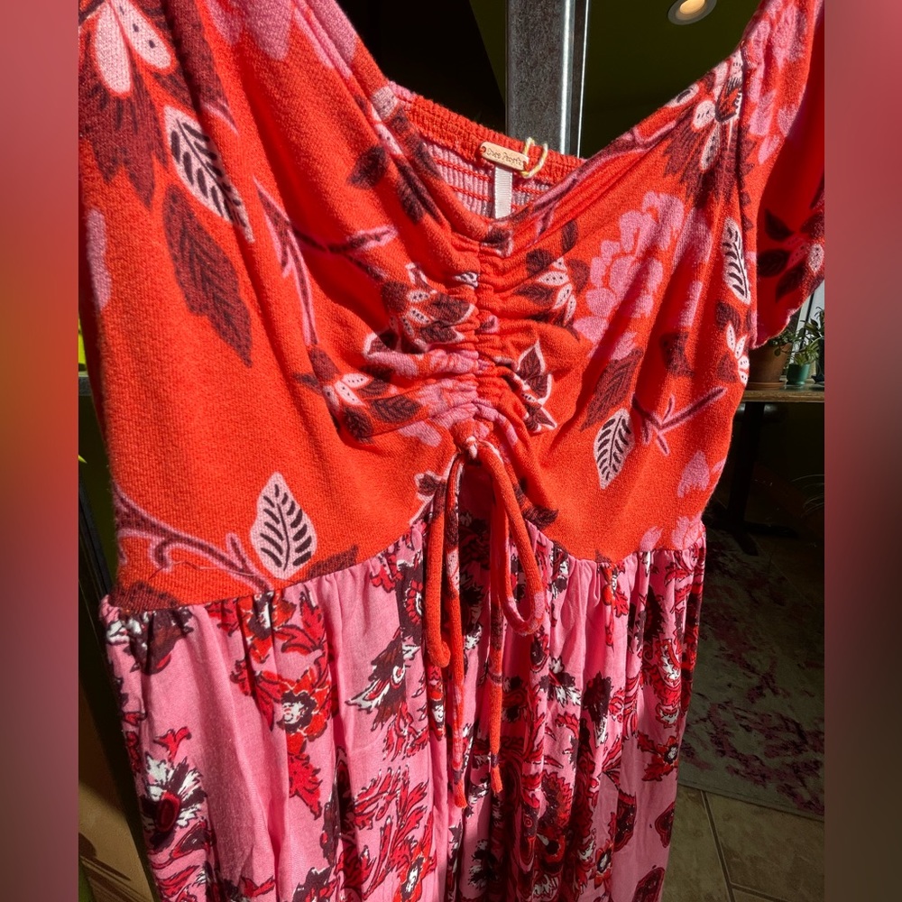 Free People Smocked Babydoll LaBamba Hawaiian Sunset Printed Short Sleeve Blouse